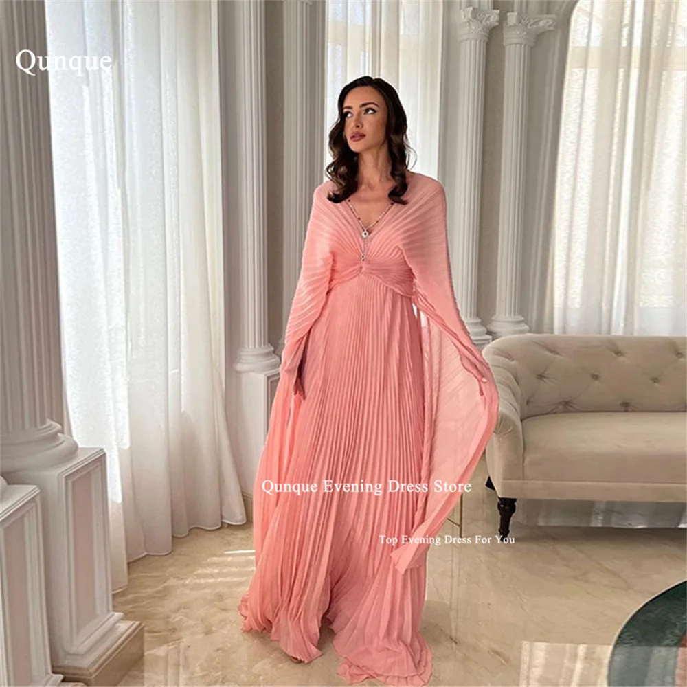 

Qunque V-neck Chiffon Prom Dresses Pleat Cpae Sleeves فساتين حفلة موسيقية A-line Party Gowns Girl Wear فساتين سهرة Customized