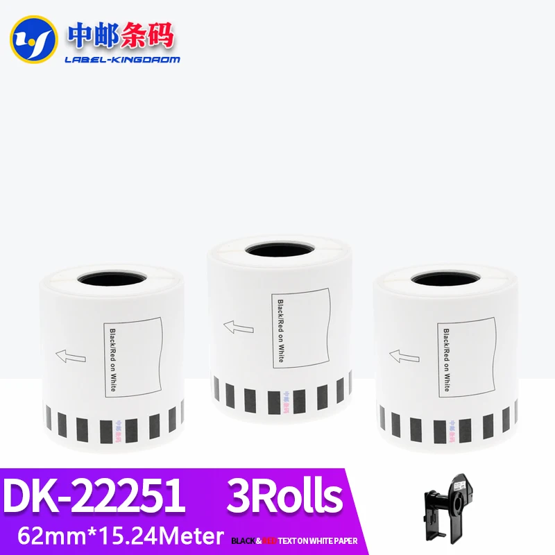 3 Refill Rolls Compatible DK-22251 Thermal Dual Color Label 62mm*15.24M Continuous Brother QL-800/810/820 Printer Red/Black Text