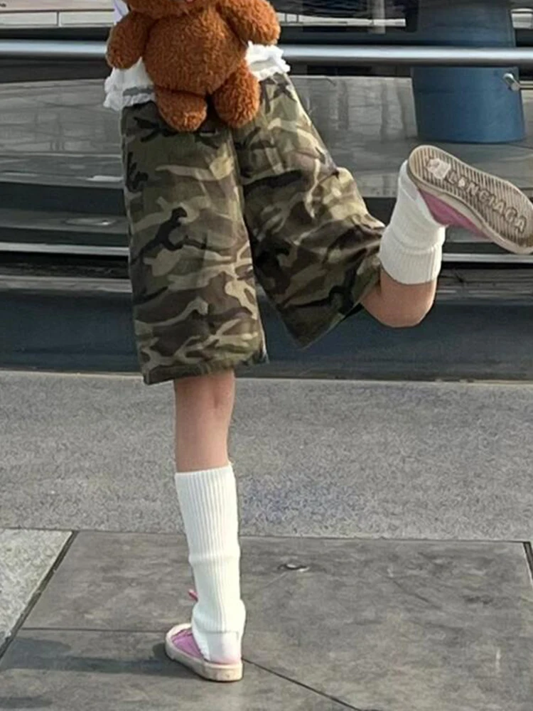 PBAP Retro Camouflage Breite Cargo Hosen Frauen Waschen Hohe Aufstieg Baggy Jorts Lose Beiläufige Knie Lange Denim Shorts Harajuku Streetwear