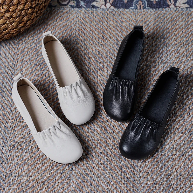 Casual Flat Bottom Leather Women's Shoes Large Size 41-43 Slip-On Bean Bean Genuine Leather Flat Bottom Single Shoes