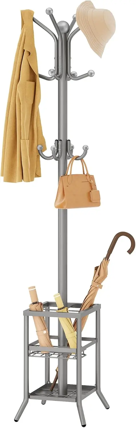 

Напольная вешалка для одежды, стойка-вешалка с держателем для зонтов, металлическая вешалка-стойка с 12 крючками, вешалка-дерево для одежды и головных уборов для прихожей