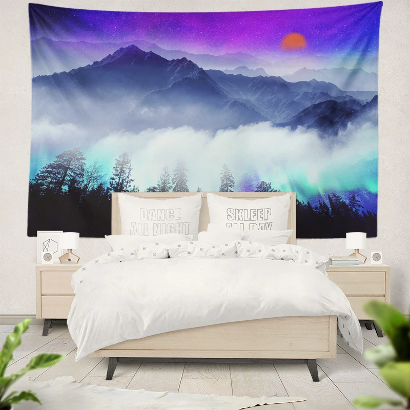 Colorful Aurora Mountain Forest Tapestry Aesthetic Trippy Tapestries Wall Hanging Large Boho Hippie Wall Cloth Bedroom Art Decor