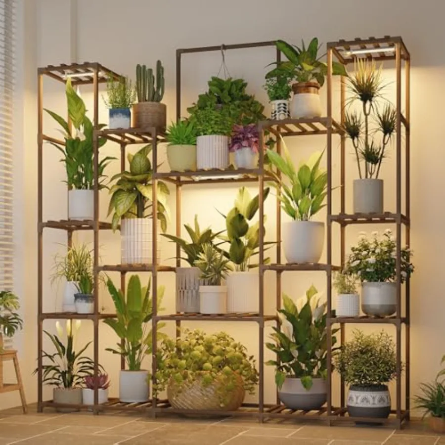 Indoor plant stand with grow lights, metal, black, 17-tier heavy-duty display shelf for hanging and potted plants in living roo