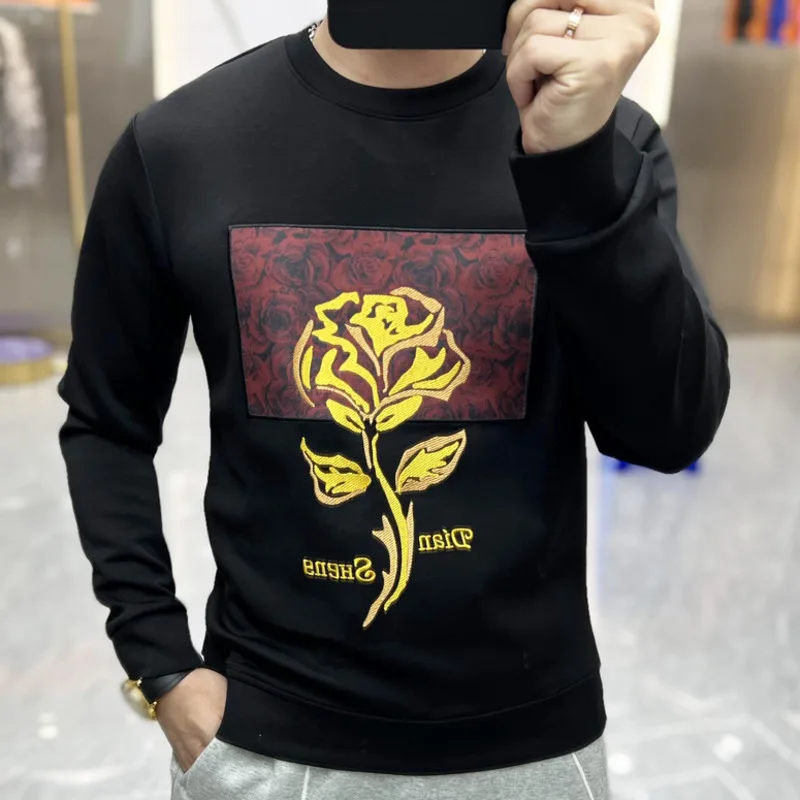 Europe Station 2023 Autumn Men's Personalized Embroidery Printing Round Neck Sweater Fashion Slim Fit Versatile Long Sleeve