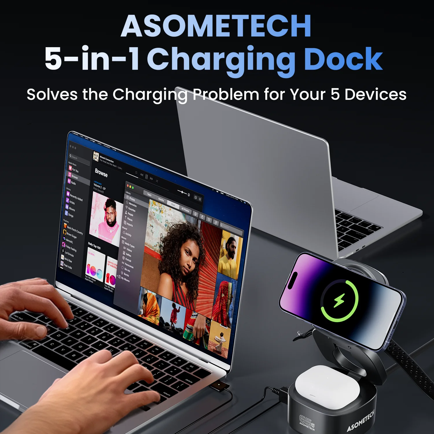 Magnetic 5 in 1 Wireless Charger Stand For iPhone 16/15/14 65W GaN Fast Charging Dock Station For MacBook Apple Watch AirPods view 6