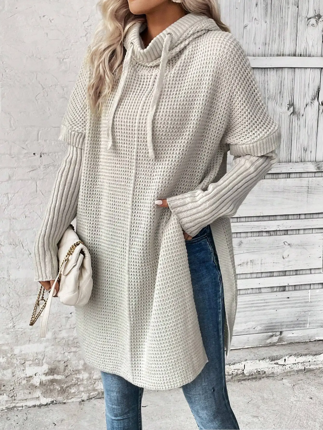 

Женский свободный свитер с капюшоном и рукавами «летучая мышь» на шнурке, светло-серый повседневный длинный топ