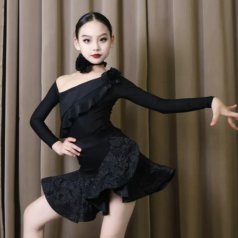 Children Latin Dance Stage Clothes Performance Show Clothing Long Sleeve Black Dance Suit Girl Dancer Training Clothes VDL6051