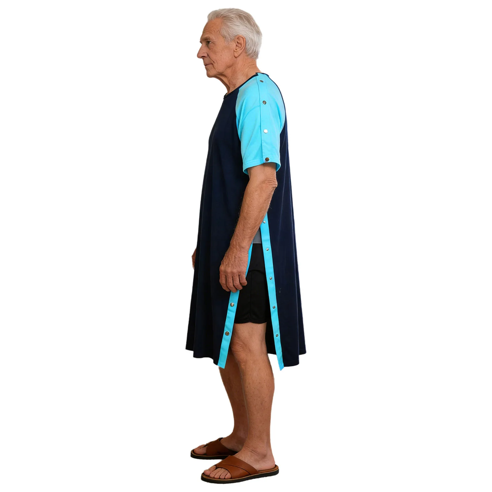 

Mens Womens Elderly Tear-away Adaptive Sleep Robe Sides Pressing Buttons Short Sleeve Color Blocking Loungewear Nightgown Shirts