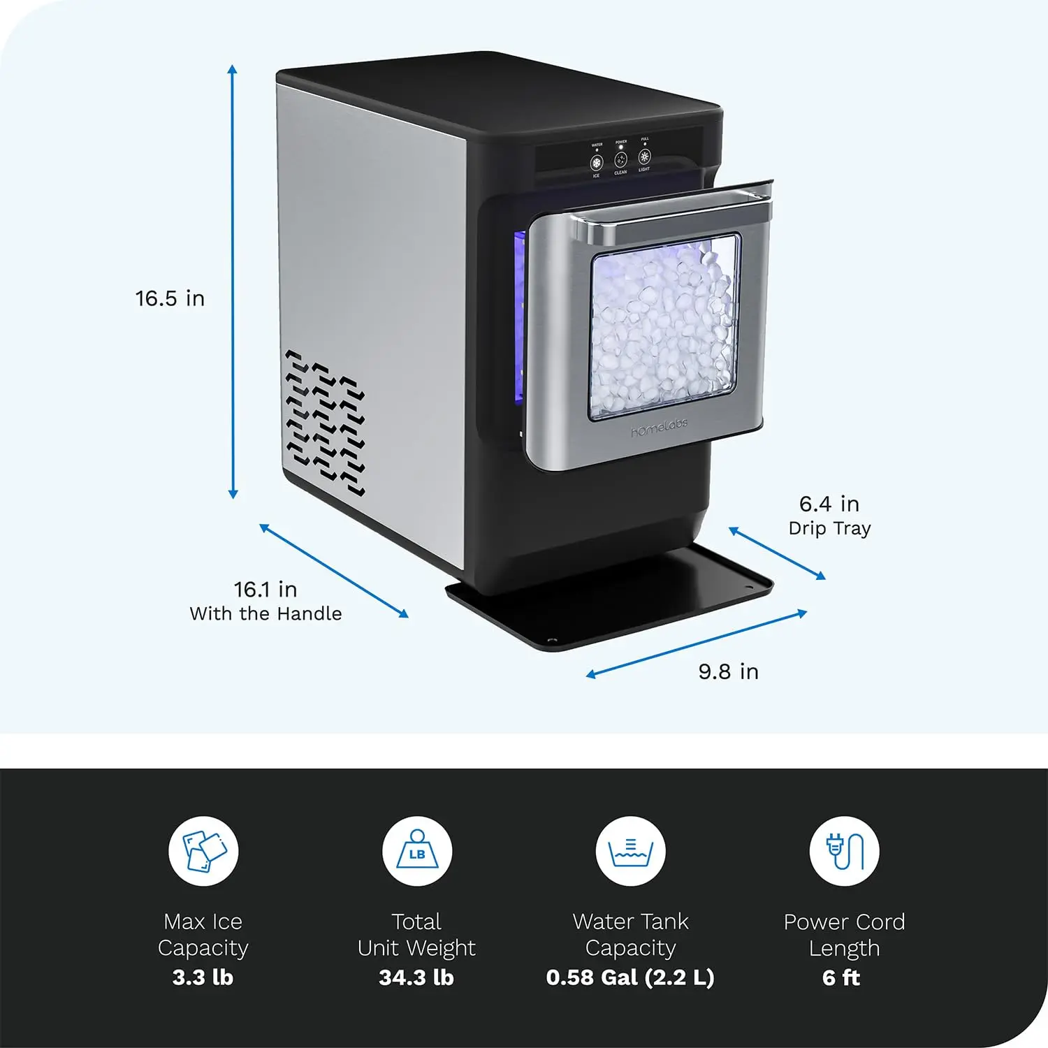 Máquina de gelo de pepita de aço inoxidável com tela sensível ao toque, Portátil e compacta, Produz até 44lb de gelo por dia