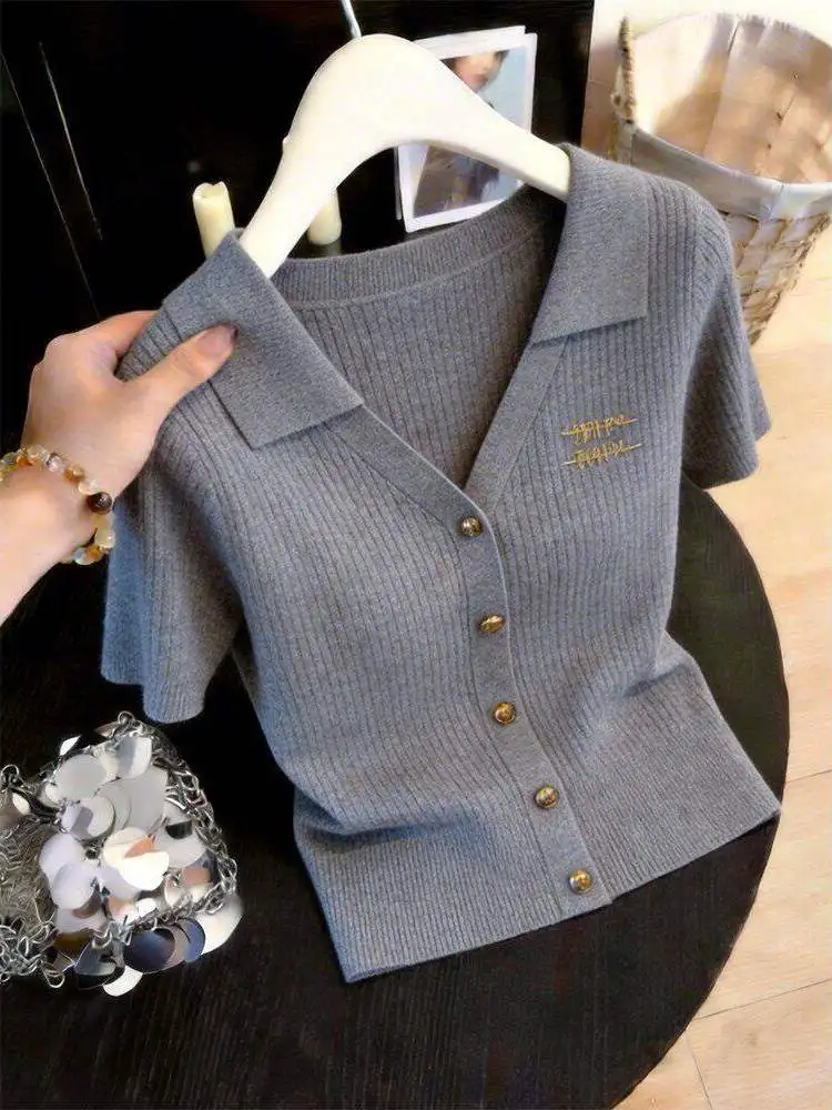 Slim Fit Short Sleeve T-Shirt Korean Style Knitted Shirt Gray Thin Short Casual Top Women's Fashionable Breathable Summer New...