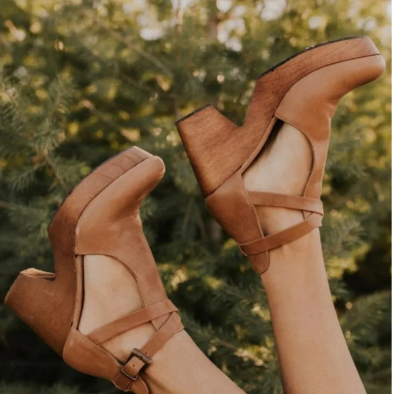 Brown Punk Chunky Platform Mary Jane Women Pumps Shoes High Heels Cross-tied Pu Round Toe Buckle Plus Size Goth Shoes