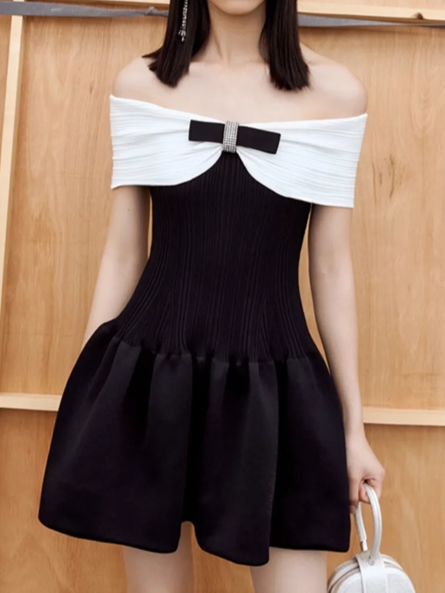 

Bow Decoration Women A-Line Mini Dress Slash Neck High Waist Pleated Sweet Female Knitted Robe