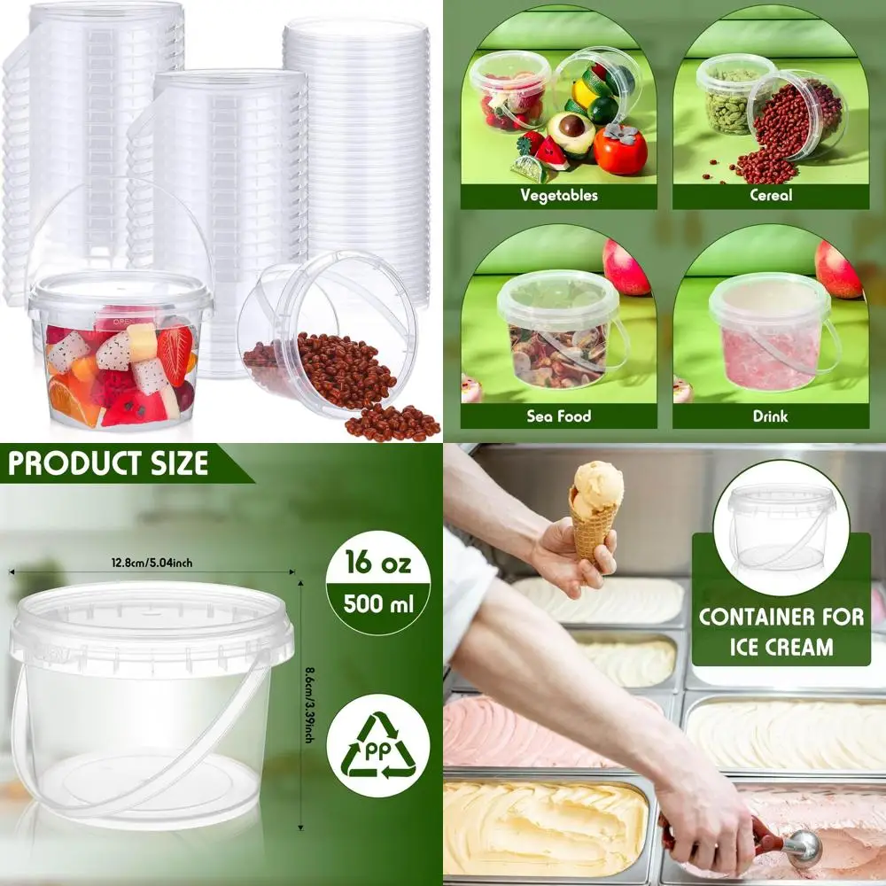 

Набор из 50 прозрачных круглых пластиковых ведер объемом в галлон с крышками и ручками, многоразовые герметичные контейнеры для мороженого, кухни и напитков