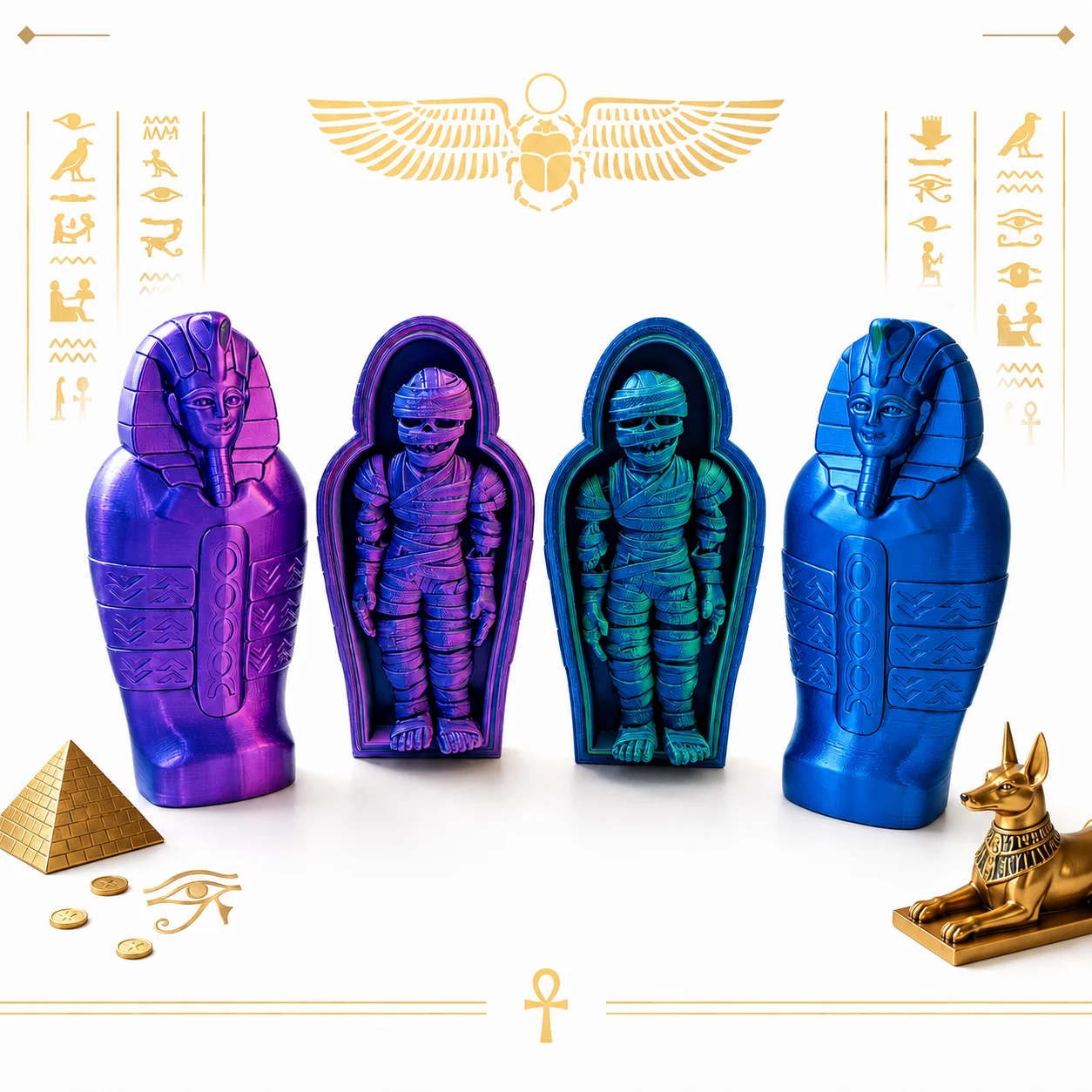 Articulated Mummy Toy with Sarcophagus Set, Colorful Egyptian Collectible Desk Decor, 3D Printed Halloween Gift