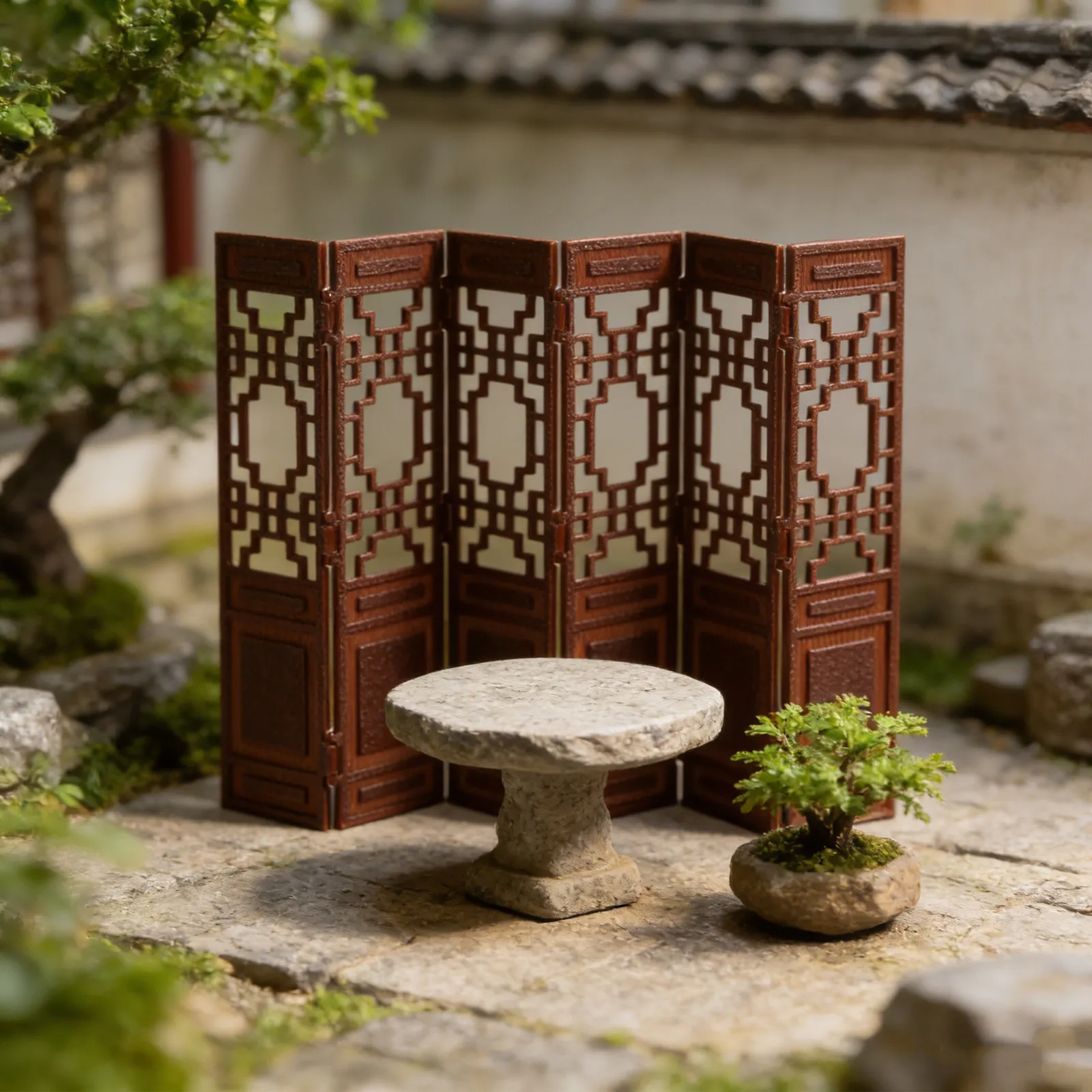 Mini Chinese Folding Screen Brown Decorative Miniature Room Divider Vintage Desktop Screen Ornament Dollhouse Furniture