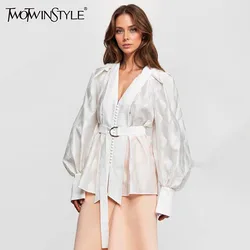 TWOTWINSTYLE Solid Patchwork Belt Minimalist Blouses For Women V Neck Long Sleeve Casual Blouse Female Fashion Style Clothing