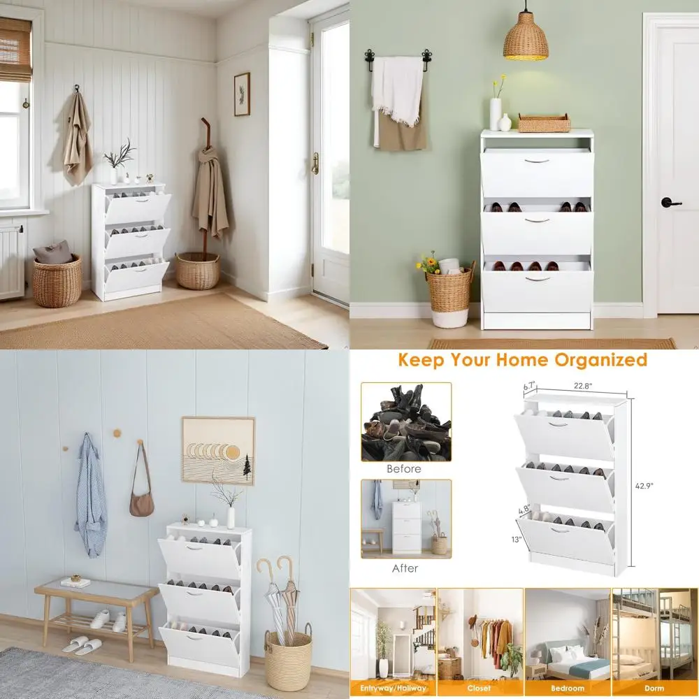 

Отдельно стоящий шкаф для обуви с 3-мя регулируемыми откидными ящиками для прихожей, деревянная скрытая полка для хранения