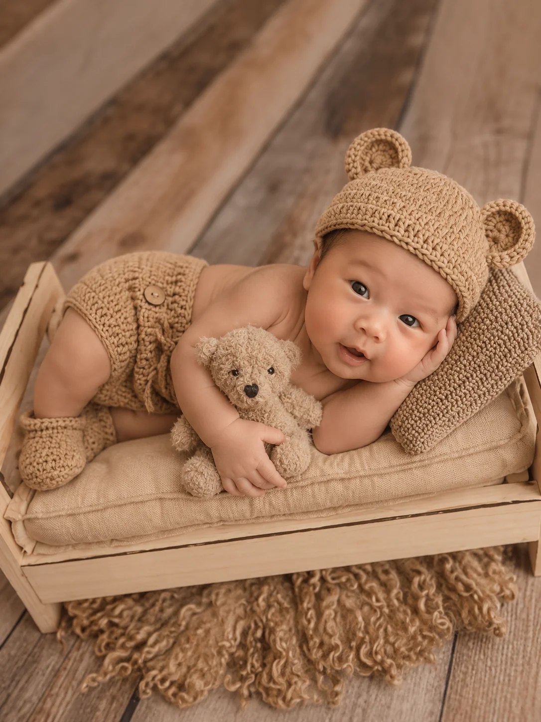 4-Color Newborn Baby Crochet Photography Outfit Set, Bear Ear Hat, Diaper Cover Shorts & Booties Handmade Knit Photo Shoot Props