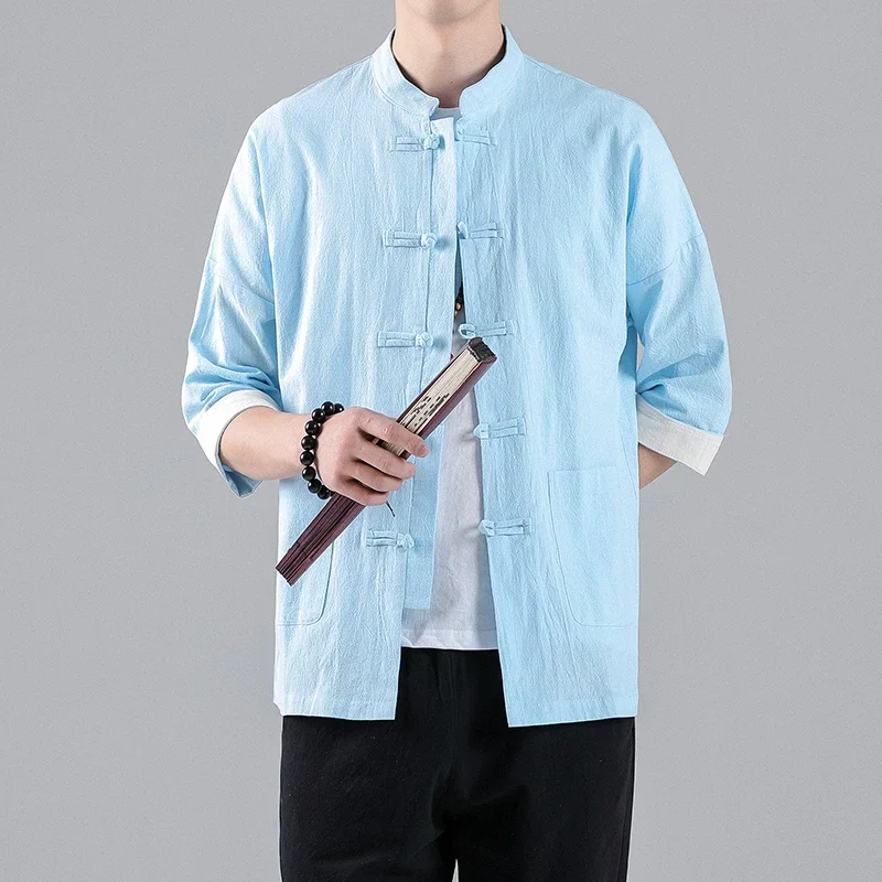 2022 New Chinese Style Mens Tops Tang Suit Linen Half Sleeve Solid Traditional Kung Fu China Style Hanfu Shirt Plus Size M-5XL