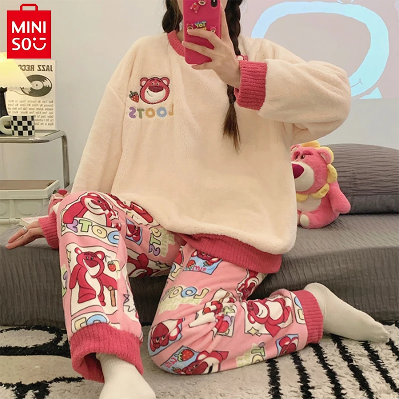 

Kawaii Disney Lotso Cartoon Plush Pajamas Girl Autumn Winter Round Neck Long Sleeved Pajamas Warm Home Clothes Christmas Gift