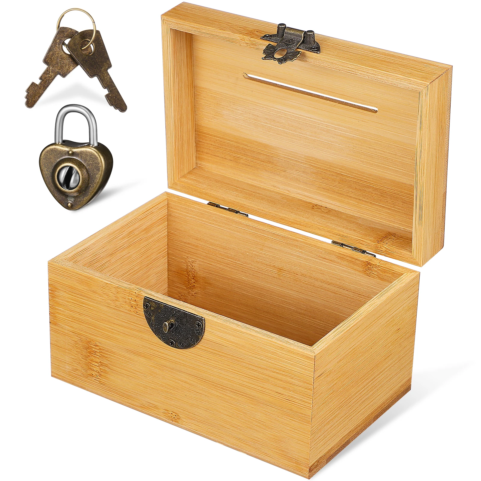 

Bamboo Wooden Treasure Chest Small Bank Key Box Heart Shape Zinc Alloy Piggy Bank Kids Office Home Decor