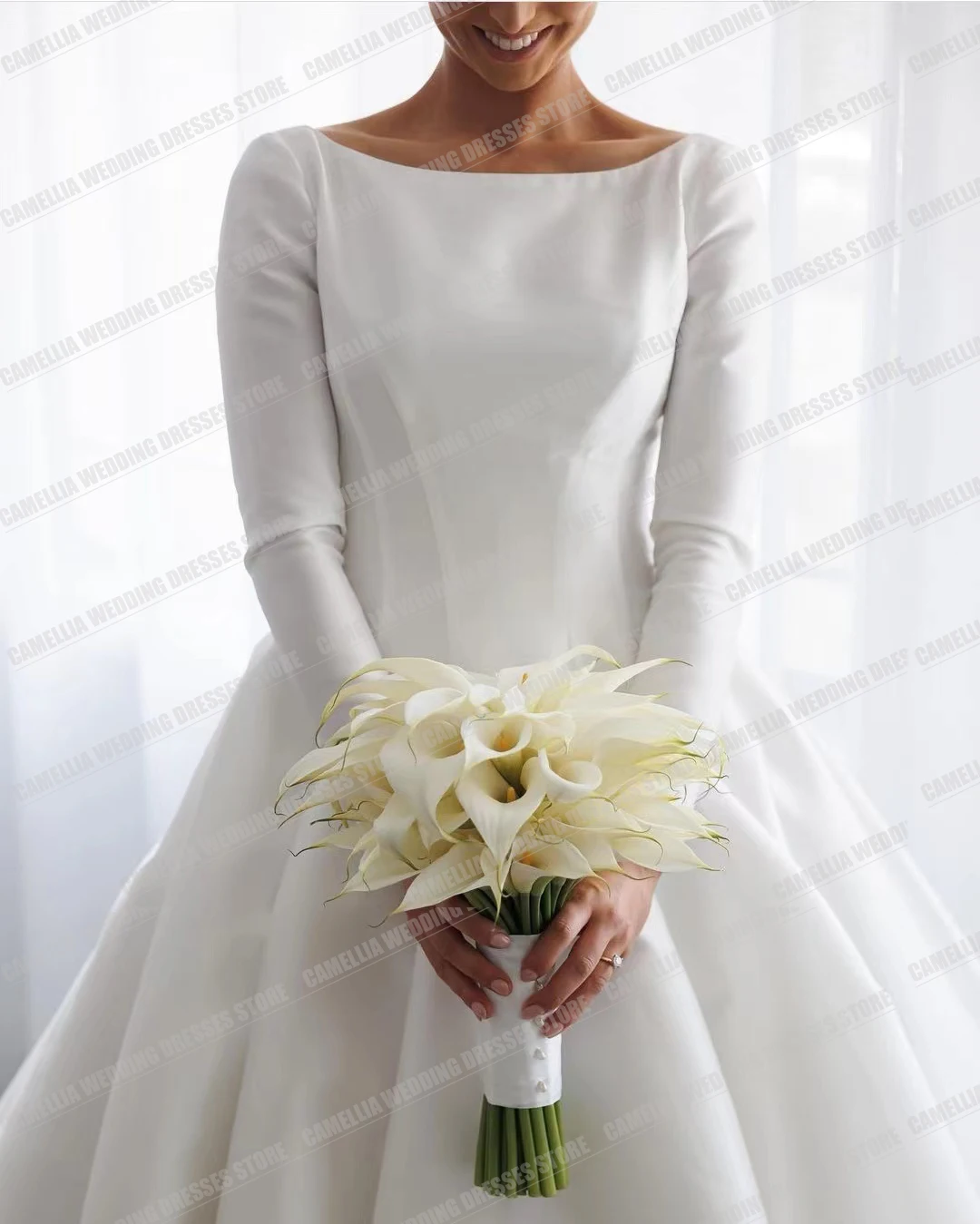 Exquisitos Vestidos de novia de línea A Para Mujer, cuello redondo, Sexy, manga larga, satén Formal, Vestidos de novia de fiesta Para Mujer