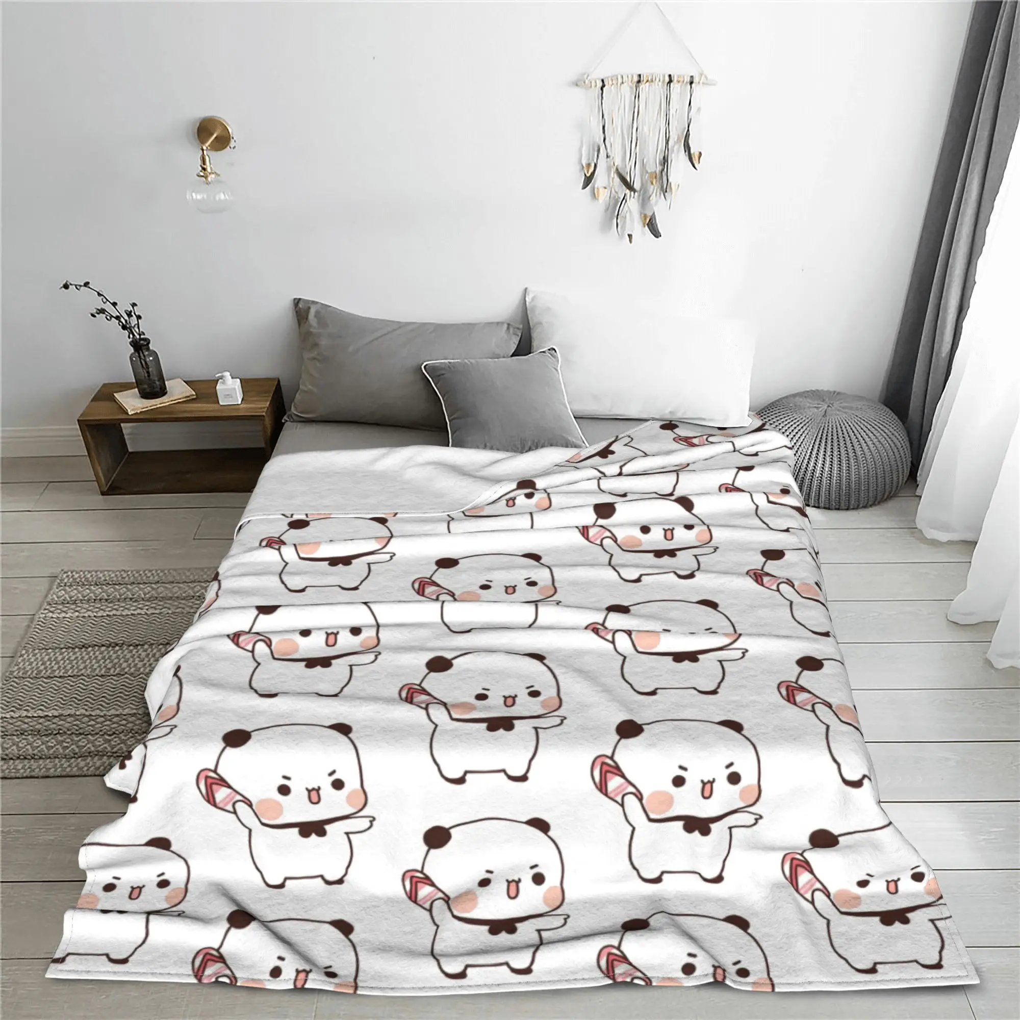 Cute Dudu is Throwing Flip-flops Knitted Blanket Panda Bear Plush Throw Blankets Summer Winter Portable Soft Warm Bedspread