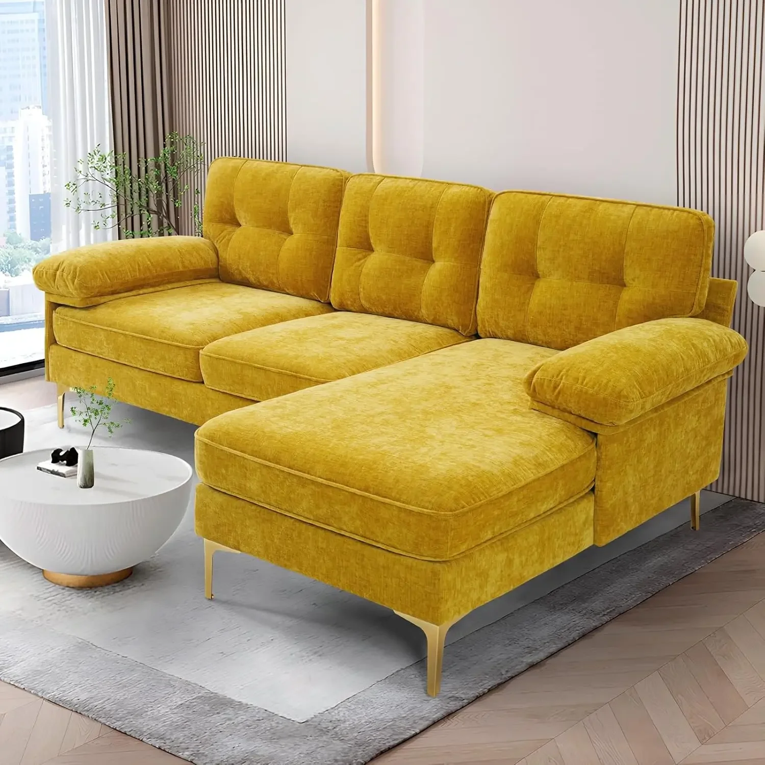 TEKAMON 82.7 Yellow Sectional Sofa Couch for Living Room, Chenille Fabric L- Shaped 3-Seater Convertible Sofa, Modern Loveseat