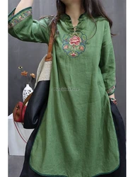 2026 summer new chinese style cotton linen qipao seven-point sleeves medium length split dress vintage ethnic embroidery dress