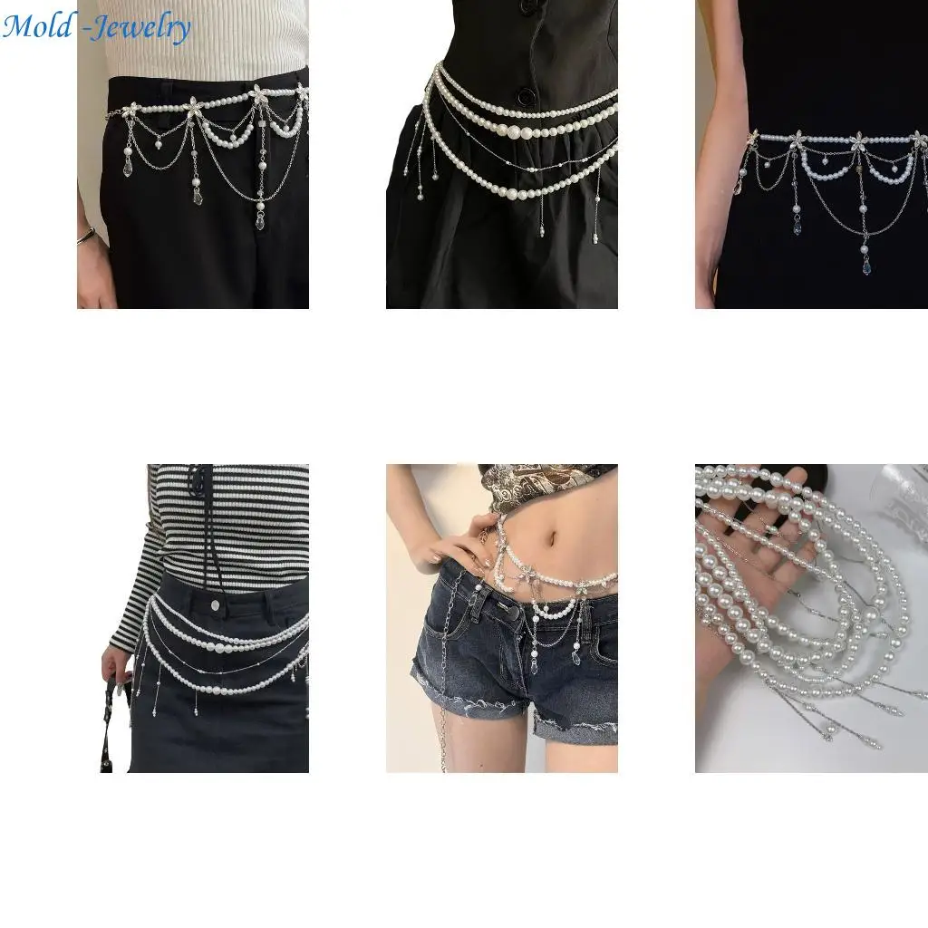

69HB Korean Multi Strand Pearls Waist Chain Adornment for Modern