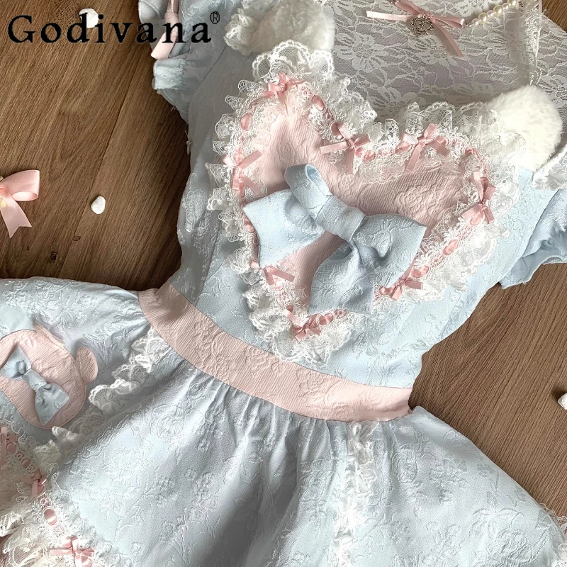 Sweet Cute Pink Blue Color Patchwork Dress with Unique Design Girls Lace Halter Neck Puffy Dress Women Waist Flower Bud Dress