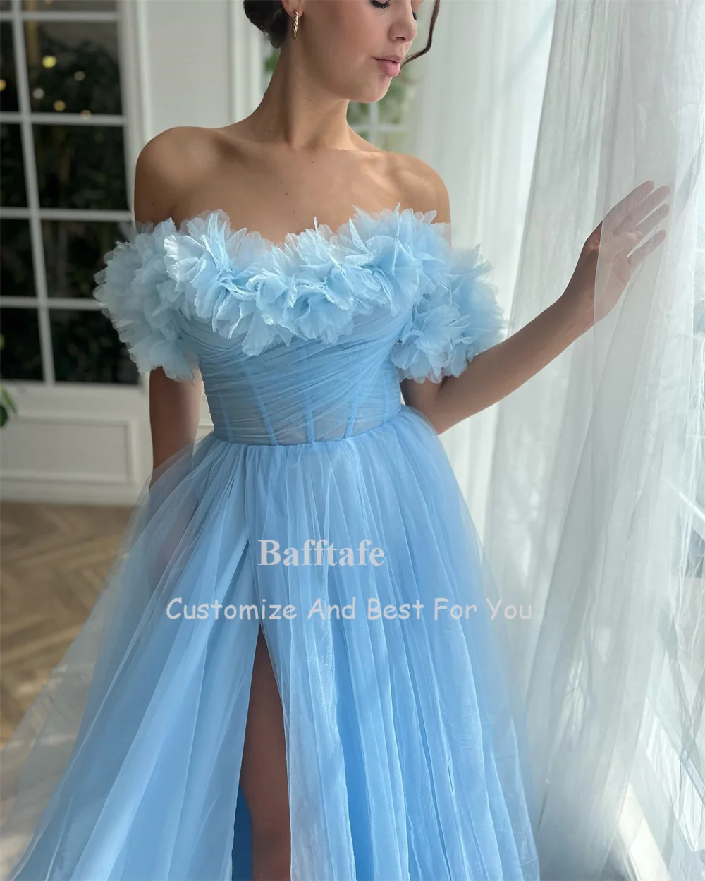 Bafftafe Blue Soft Tulle Long Prom Dresses Ruffles Formal Evening Party Dress A Line Split Special Occasion Gowns Women Wear