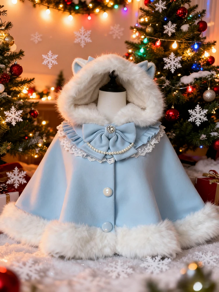 

Christmas Holidays Capes Overcoat Women Japanese Kawaii Faux Fur Jackets for Girls Y2k Sweet Vintage Coats Chic Elegant