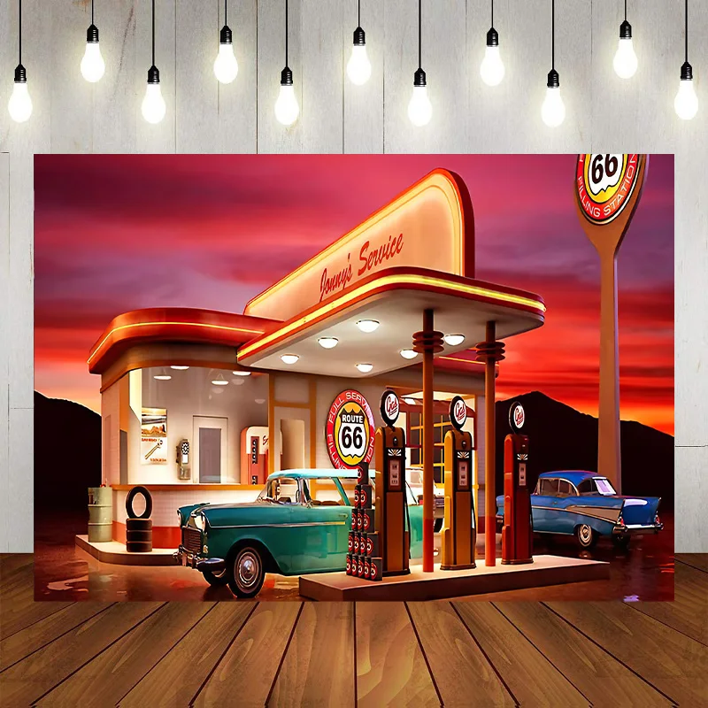 Station Vintage Car Photography Backdrop Bithday Party Route 66 Gas Background Photo Banner Poster Decoration Party Baby Showe