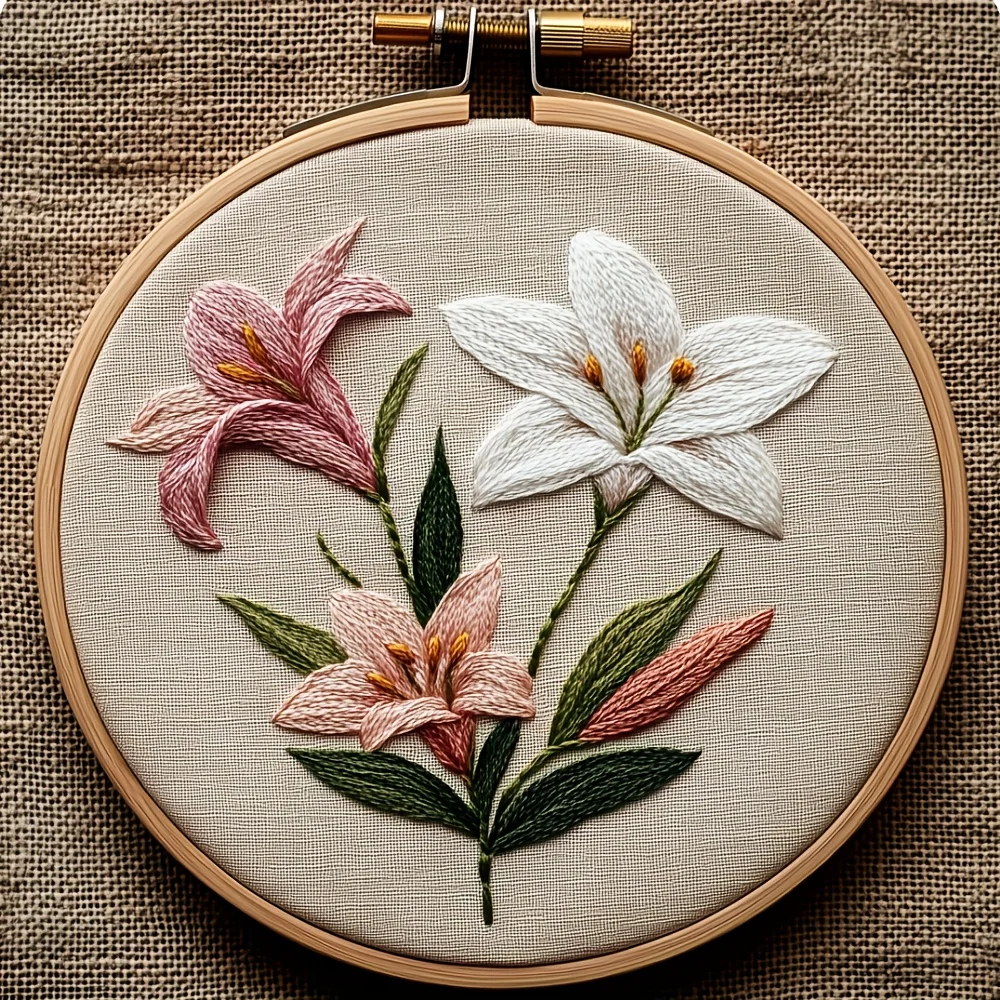 

The New Creative DIY Embroidery Set Features Elegant Pink Lily And White Lily Patterns, Adding A Touch Of Beauty To Your Home De