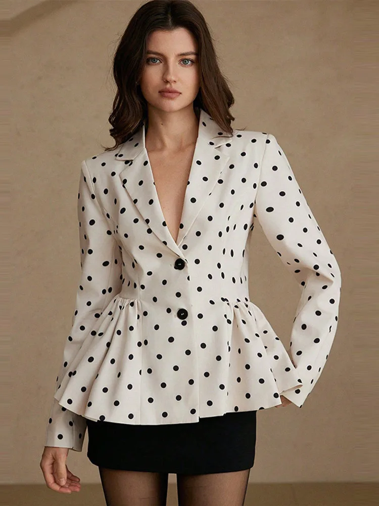 Gepunktete Taillenbetonte Mäntel für Damen Eleganter Revers Langarm Einreihiger Plissierter Schlanker Blazer Schicke Büro-Damen Neue Oberbekleidung – Detail 4