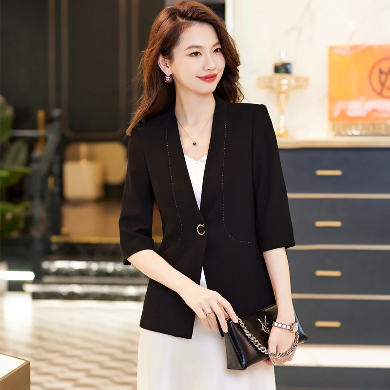 NAVIU 2023 New Summer Blazer Women Fashion Temperament Formal Half Sleeve Slim Jacket Office Ladies Work Coat White