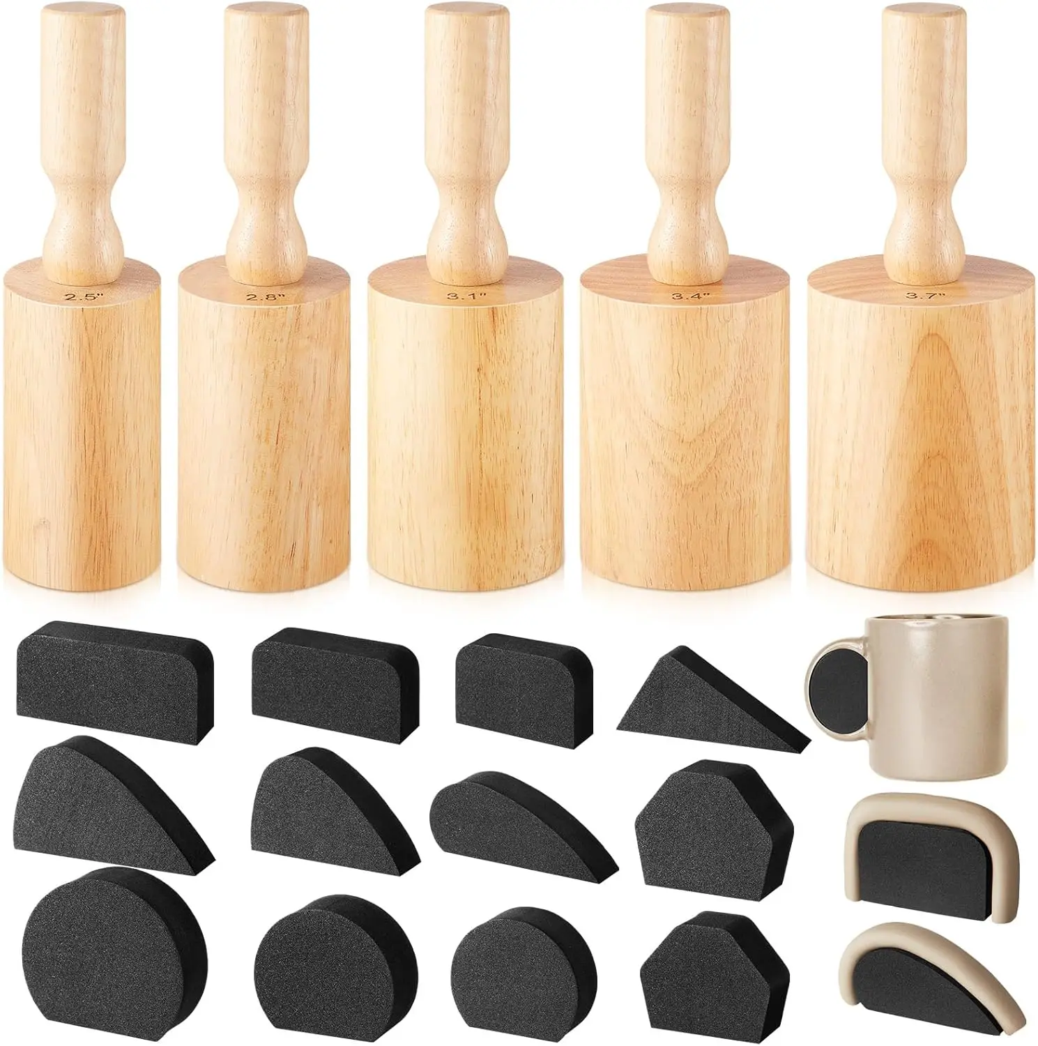 

5 Pcs Cup Pottery Molds 2.5'', 2.8'', 3.1'', 3.4'', 3.7'' Plaster Molds with 12 Pcs Mug Handle Forms Pottery Shaping Too