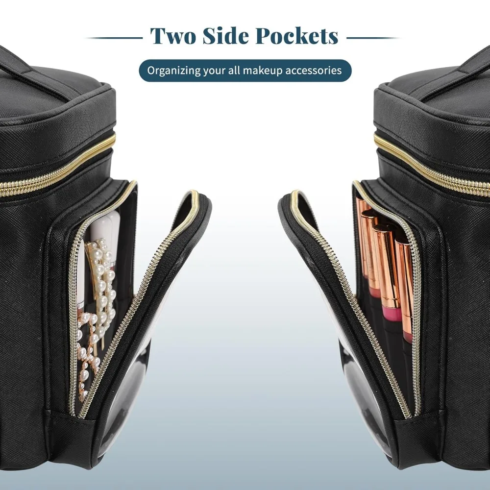 Large LED Mirror Makeup Bag with 3 Color Lights, Travel Cosmetic Organizer with Brush Compartment & Side Pockets - Leather Black