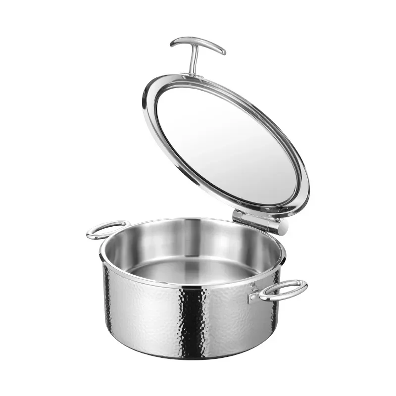 304 Stainless Steel Buffet Warmer with Glass Lid Hydraulic Slow Close Ceramic Liner Silver Hammer Pattern for Hotel