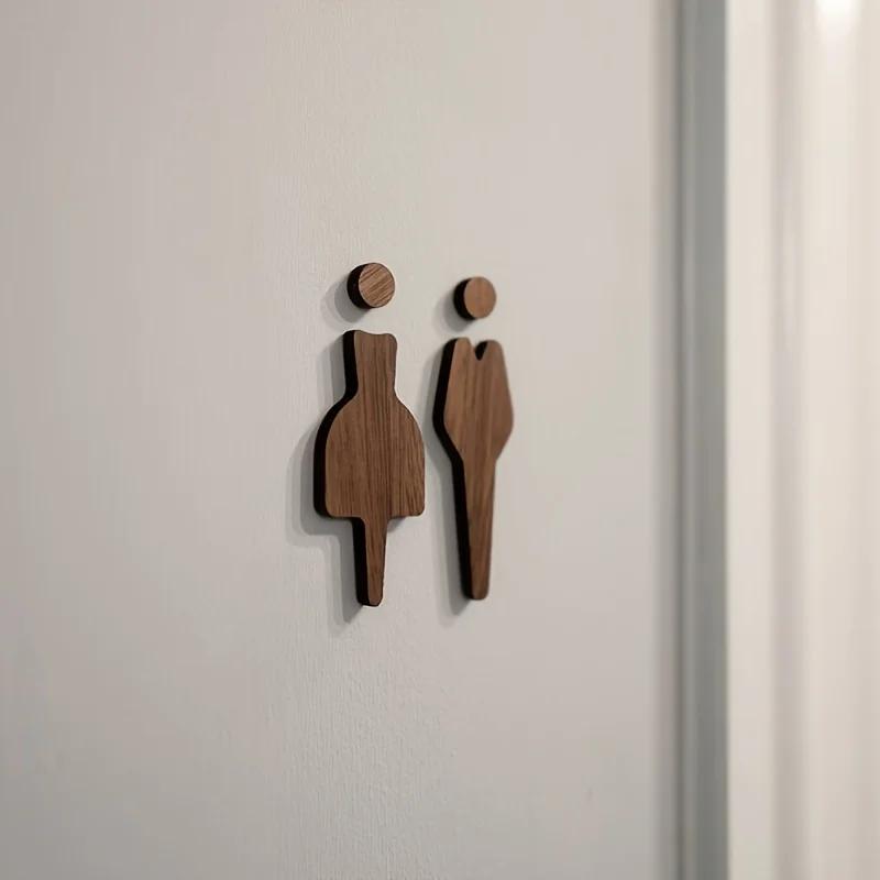 2D Flat, Minimalist Luxury Restroom Door Sign, Artificial Wood WC Sign with Male/Female Icons, Bathroom Decor,Housewarming Gift