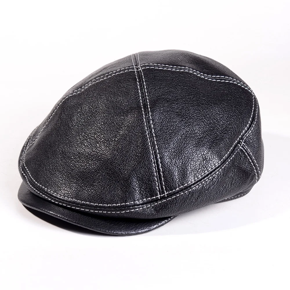 Men\'s Women\'s Winter Warm Genuine Leather Adjustable Casual Newsboy Beret Flat Fisherman Caps/Hats