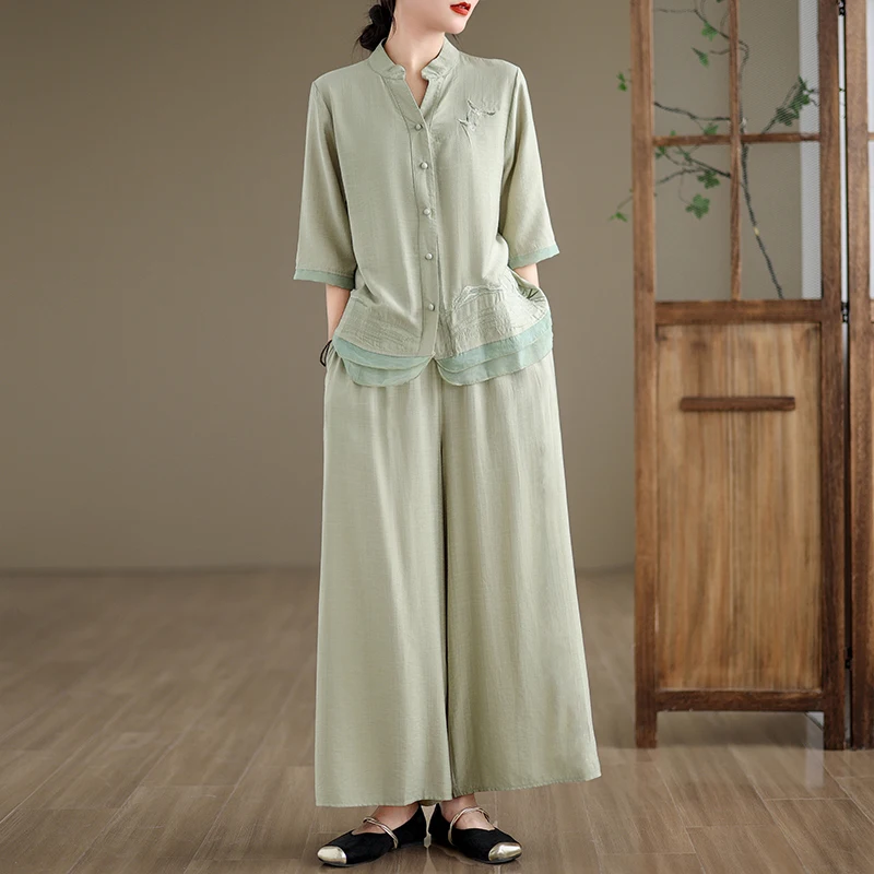 Летний повседневный свободный комплект для мамы, комплект из двух предметов, розовые широкие брюки f Sve, V-Ne, на пуговицах, из смеси хлопка, женские...