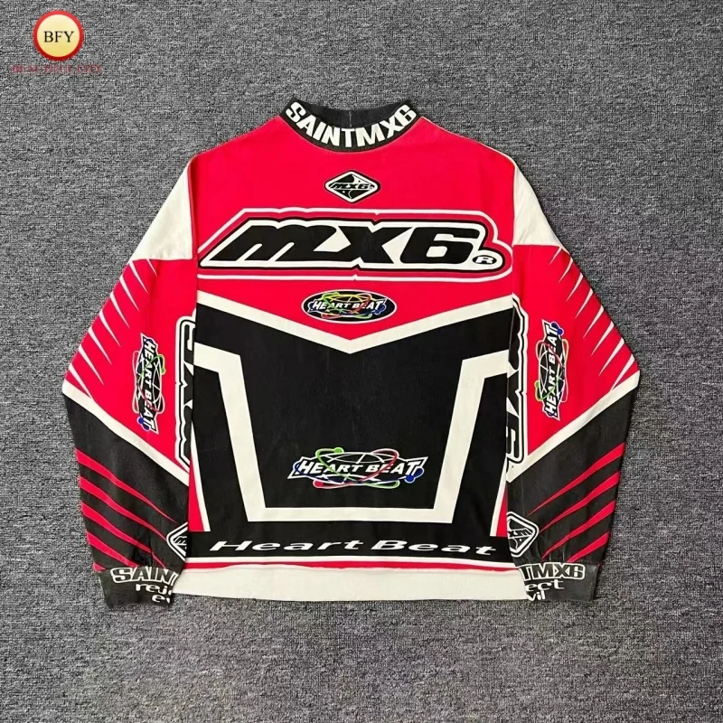 

SAINT Red Colour-Block 2025SS Long-Sleeved Racing-Style Premium Crack-Washed Vintage Men's T-Shirt