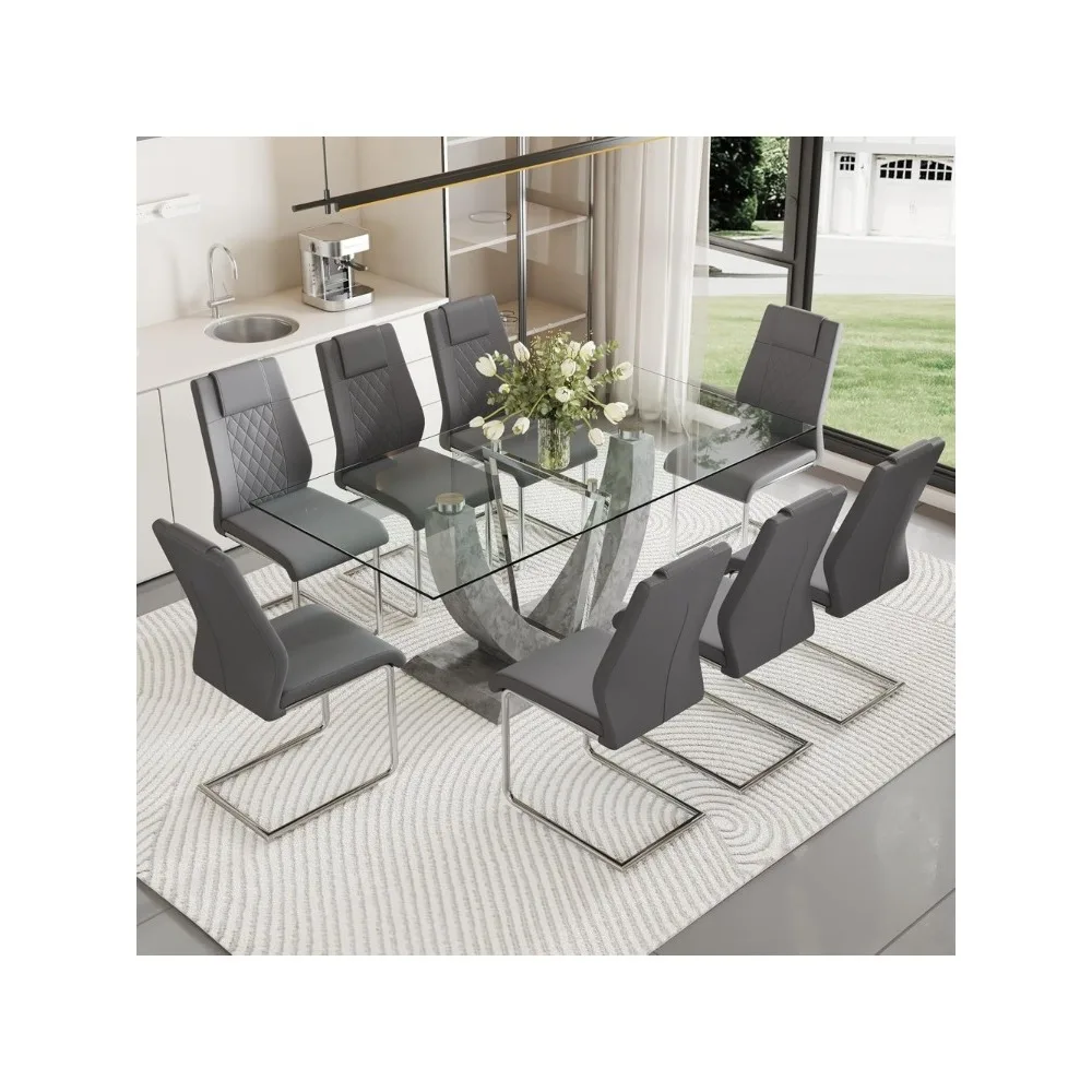 Glass Kitchen Table with 8 Chairs, Tempered Glass Table with PU Leather Dining Chairs,71” Glass Dining Room Table Set