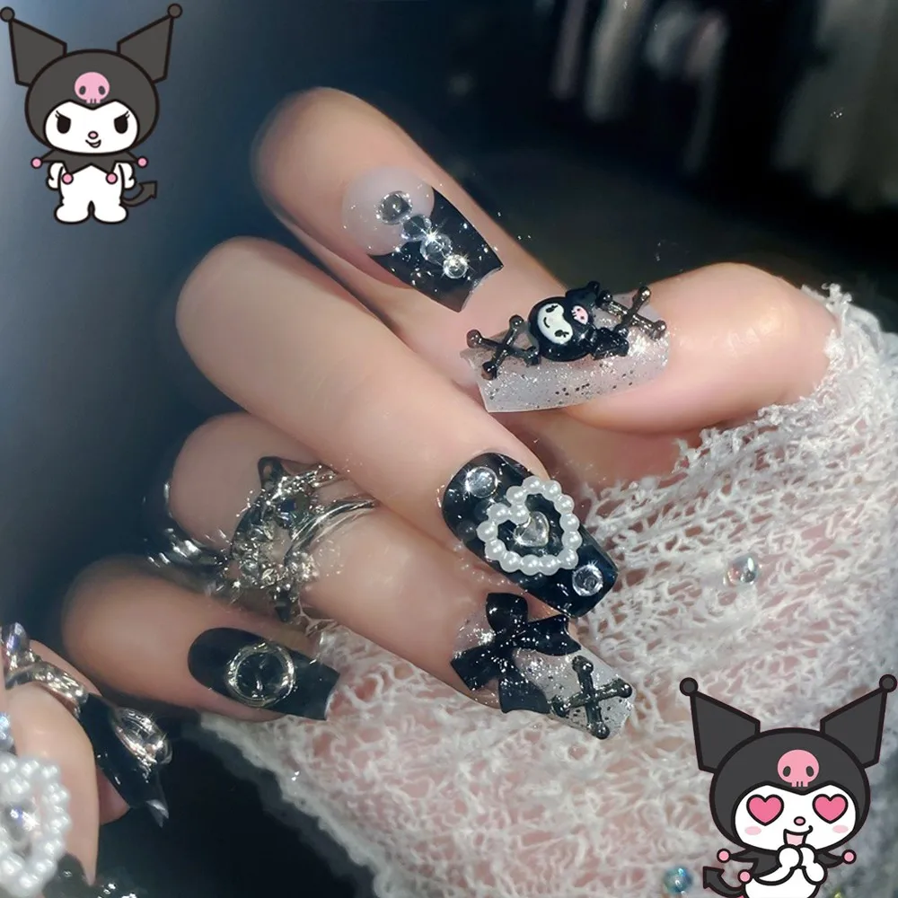 24Pcs Sanrio Kawaii Cute Kuromi Handmade Fake Nail With Bow Pearls Finished Ballet Press On Nails 3D Cartoon Anime False Nails