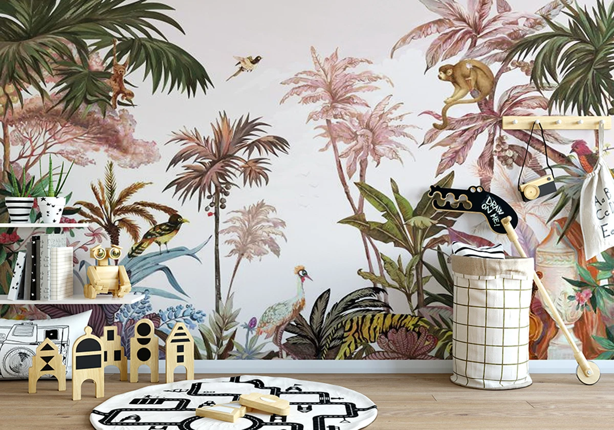 Custom Safari Removable 3d Wallpaper Non woven tropical wall mural Tropical Jungle Animals 5D flower mural wallpaper