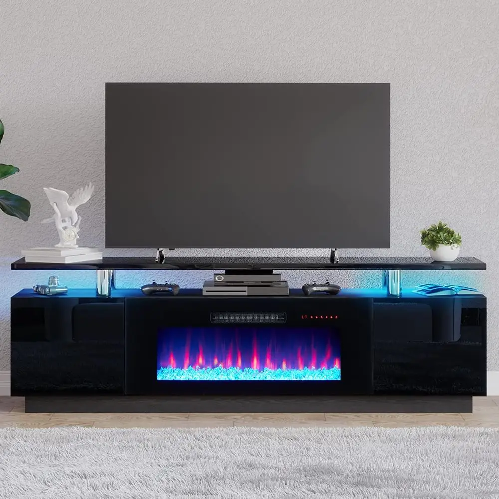 ireplace TV Stand with 36" ireplace, 70" ern ireplace Entertainment Center LED Lights, 2 Tier TV ole Cabinet or TVs Up to 80", O