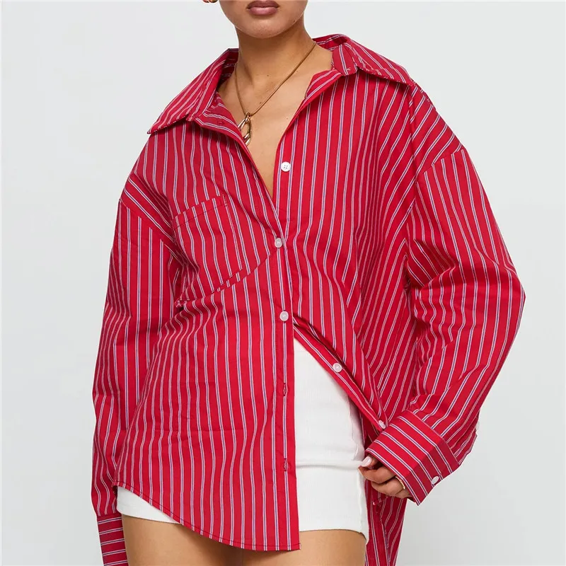 

2026 Women Spring Button Down Shirt Pinstripe Loose Fit Long Sleeve Button Up Shirt Wide Collar Casual Tops Workout Shirts