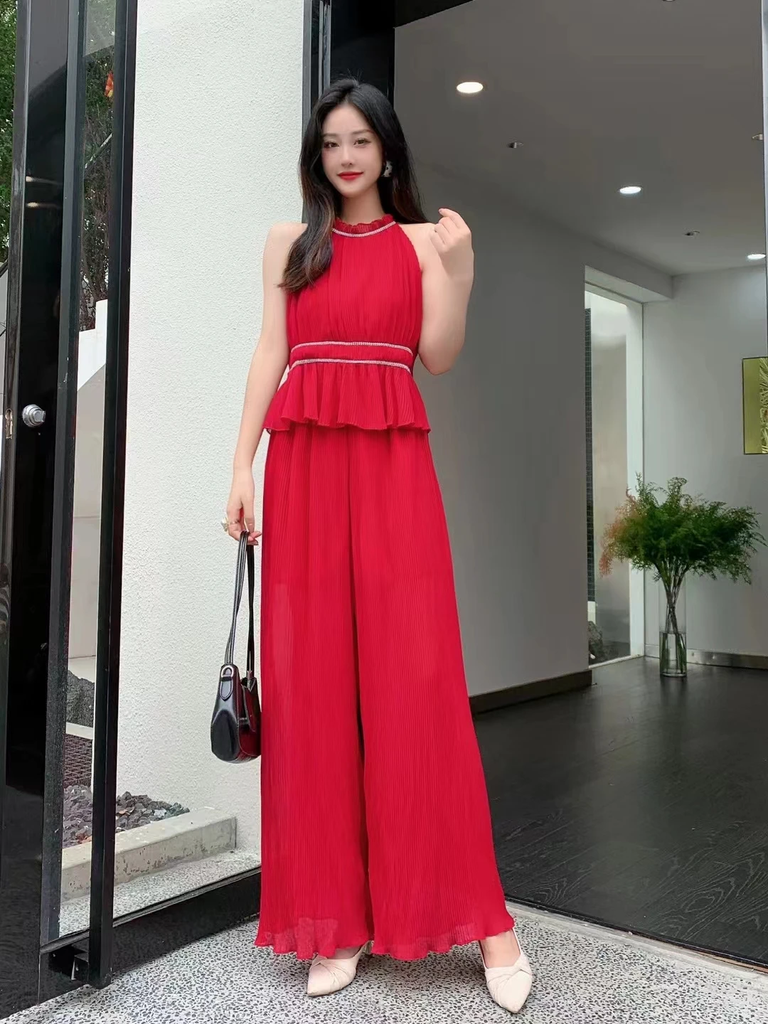 2023 New Summer Women Fashion Miyake Pleated Pants Sets Sleeveless Short Top And High Waist Wide Leg Long Pants Two Piece Set